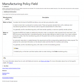 Manufacturing Policy Field - Help Page